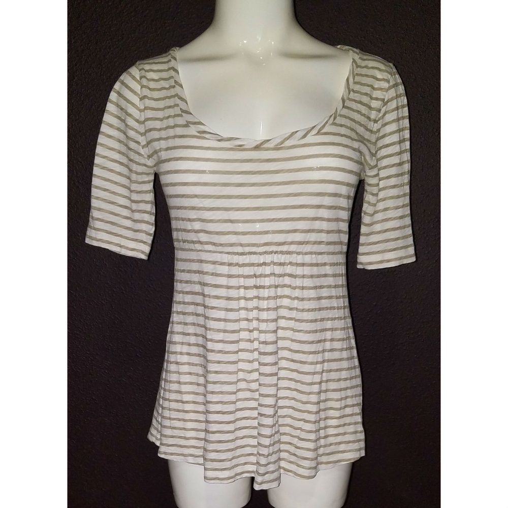 J CREW Striped Shirt Top Size Small 100% Cotton Cream Golden Brown Stripe